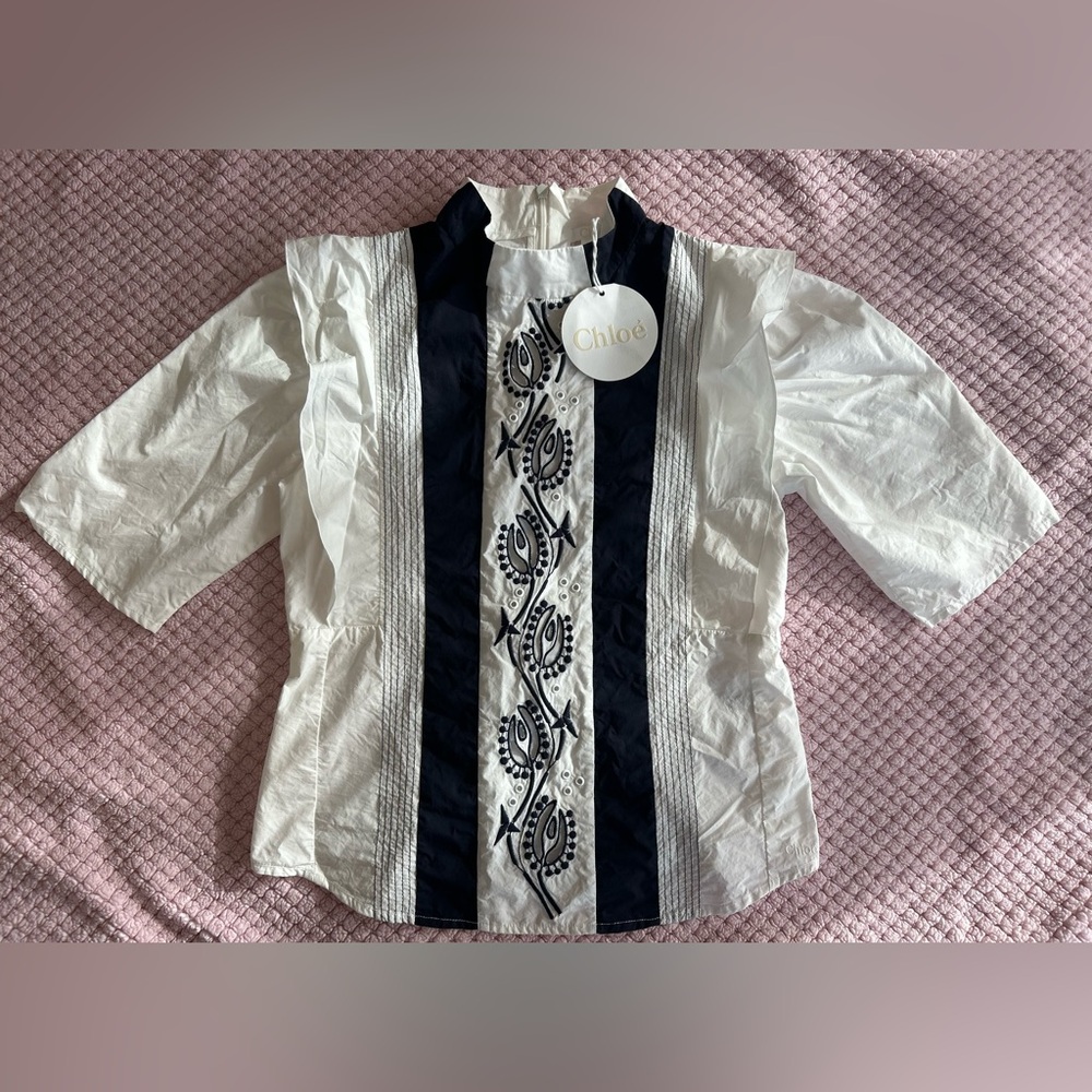 10, Chloé White and Blue Embroidered Blouse NWT